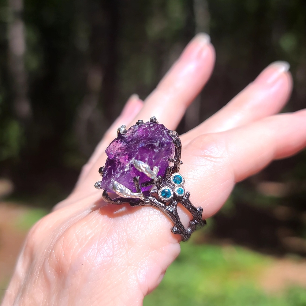Deep Amethyst raw crystal Branch Sterling ring sz8 - Picture 3 of 9